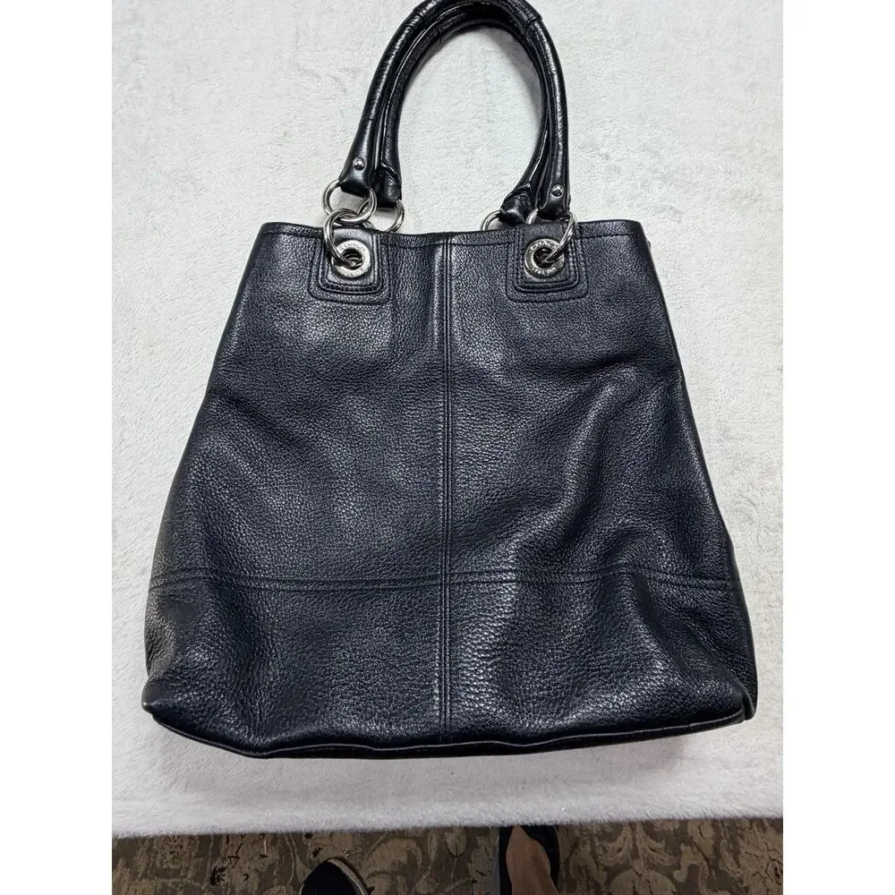 VTG Coach Hamptons Pebble Leather Tote Bag Black F1569 Lime Green Satin Interior
